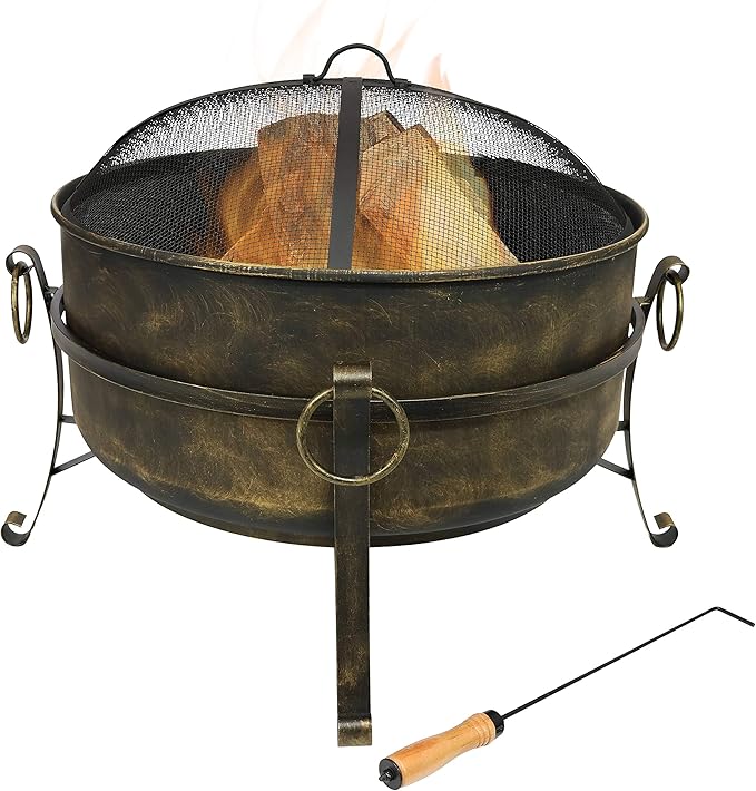 34-Inch Cauldron Style Outdoor Fire Pit Bowl with Spark Screen