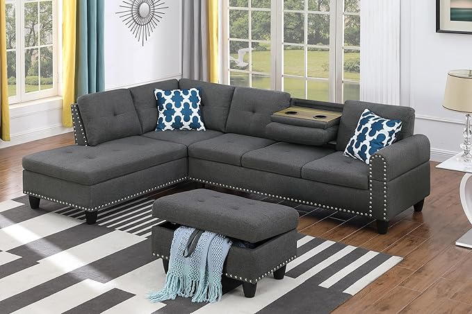 Shaped Sectional Couch with Storage Ottoman and 2 Cup Holders