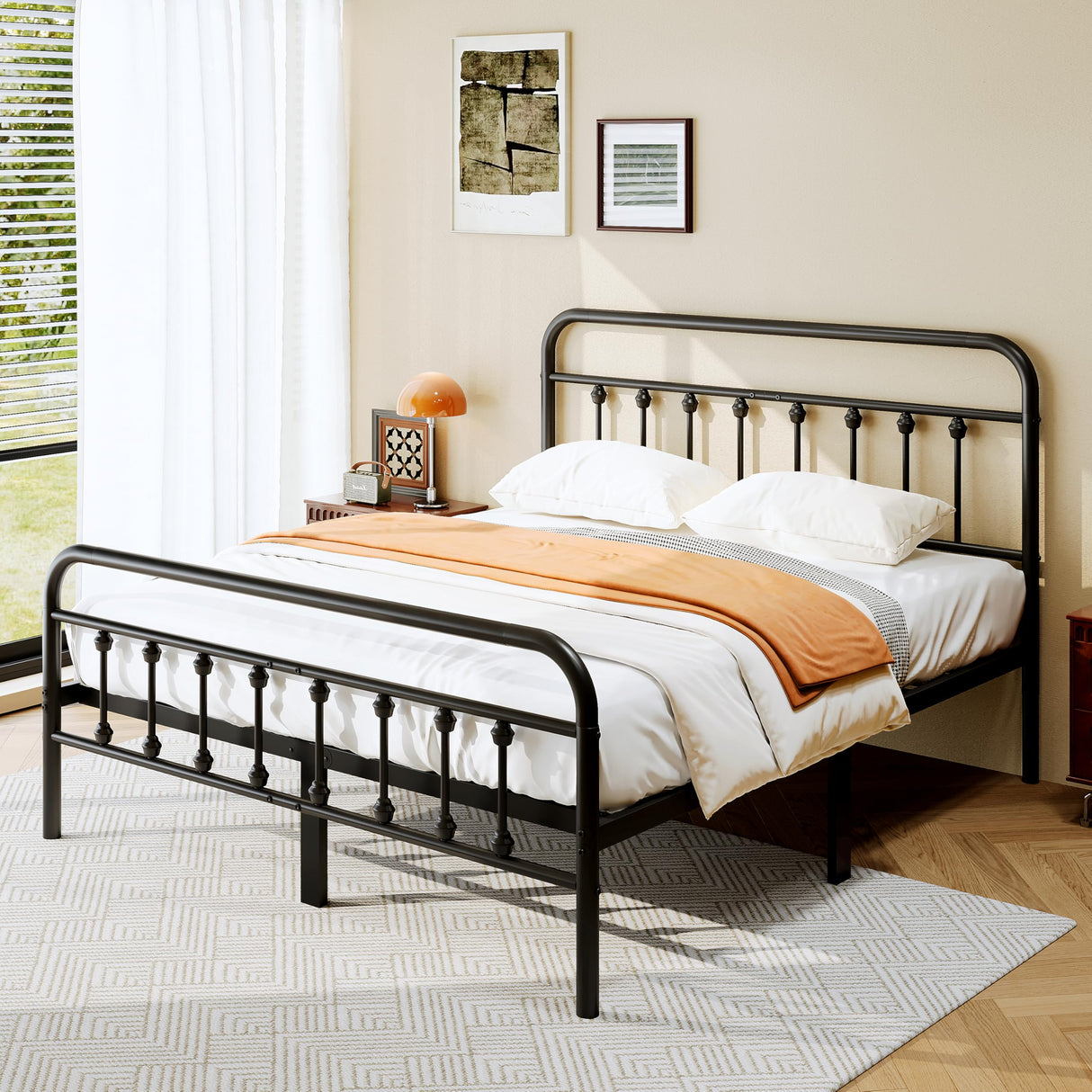 Queen Size Metal Platform Bed Frame with Victorian Headboard