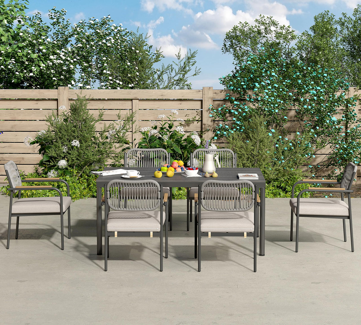 Wicker Outdoor Dining Set for 6, Upholstered 7 Piece Patio Dining Set with Armrests