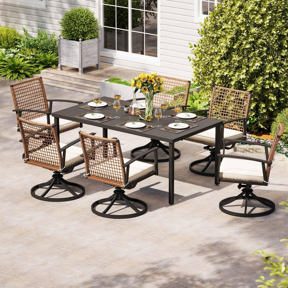 7 Pieces Patio Dining Set, Outdoor Furniture Set of 6 Swivel Chairs