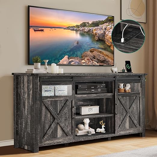 Farmhouse TV Stand for up to 75 Inch TV, Entertainment Center with Storage Cabinet,