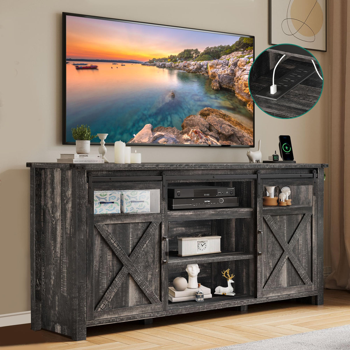 Farmhouse TV Stand for up to 75 Inch TV, Entertainment Center with Storage Cabinet,