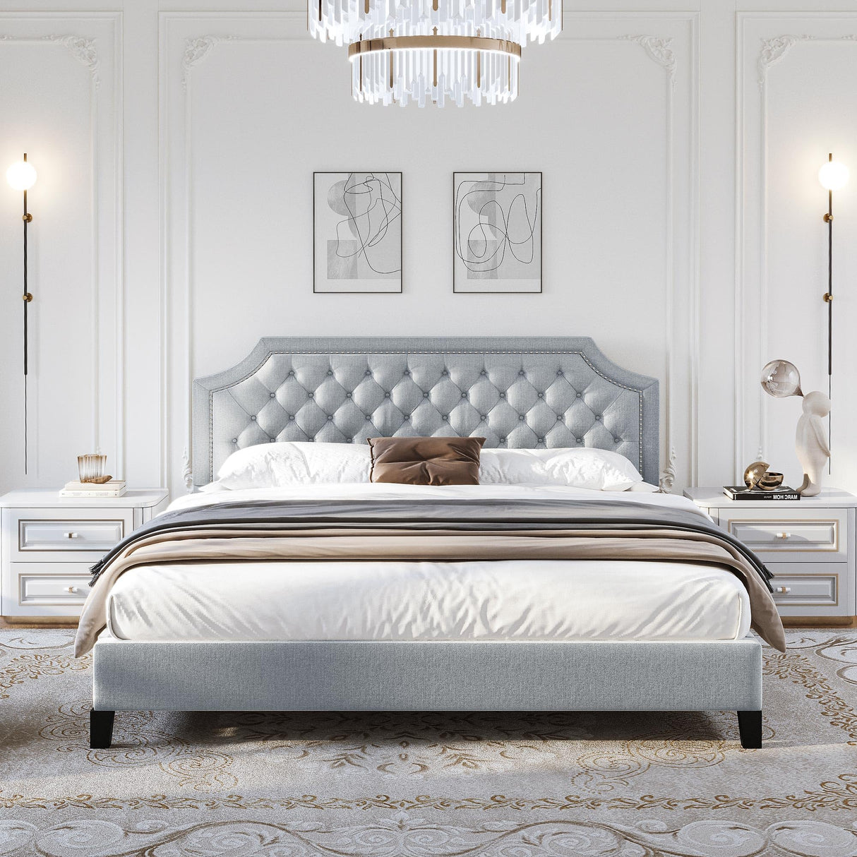 King Size Bed Frame with Headboard, Grey Linen Upholstered Platform Bed Frame
