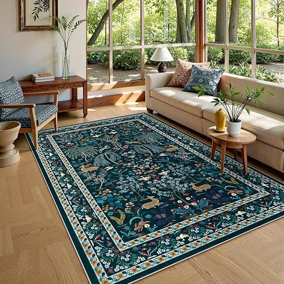 8x10 Washable Area Rug - Beige Botanical Print