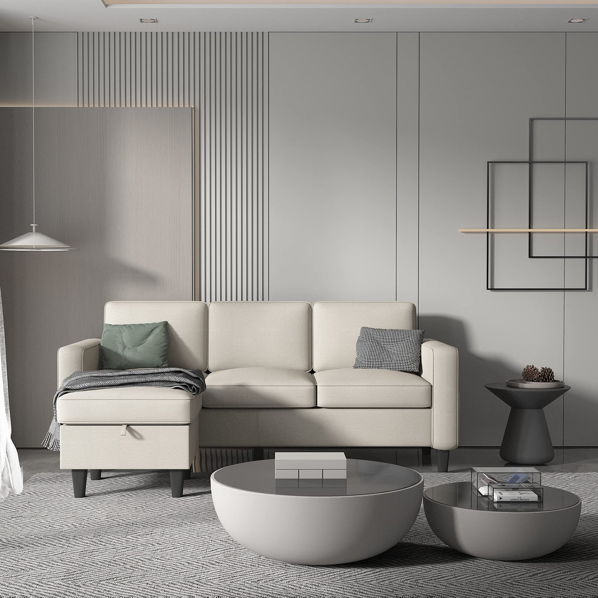 L-Shaped Sectional, Modern Linen Fabric 3-Seat Sofa Couch Furniture Set