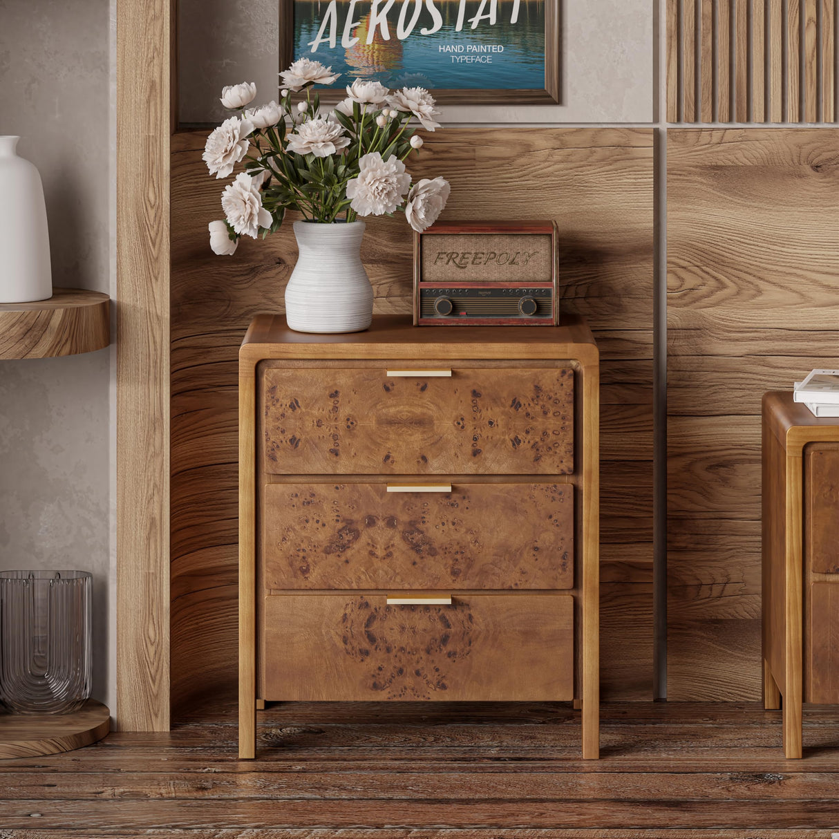 Farmhouse Nightstand with 3 Drawer, Distressed Wood Rustic Accent Dresser