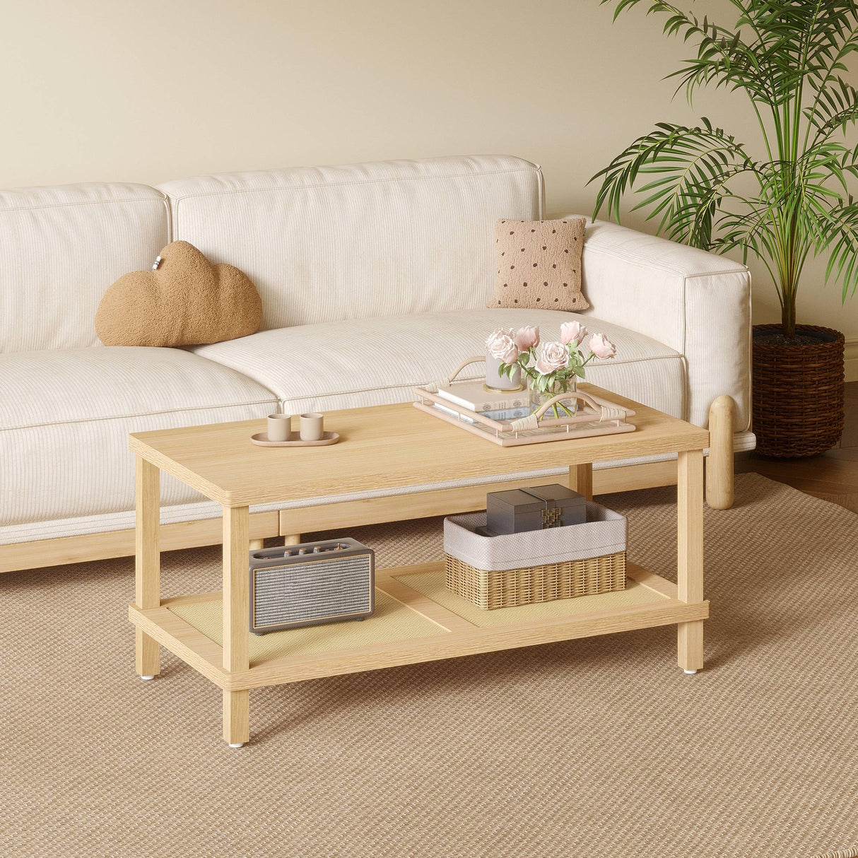 Rattan Coffee Table for Living Room,2-Tier Wooden Center Table