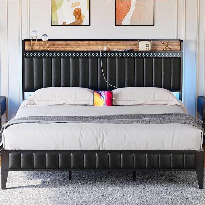 King Size Bed Frame, Platform Bed Frame with Upholstered Headboard, Modern Deluxe Winback,