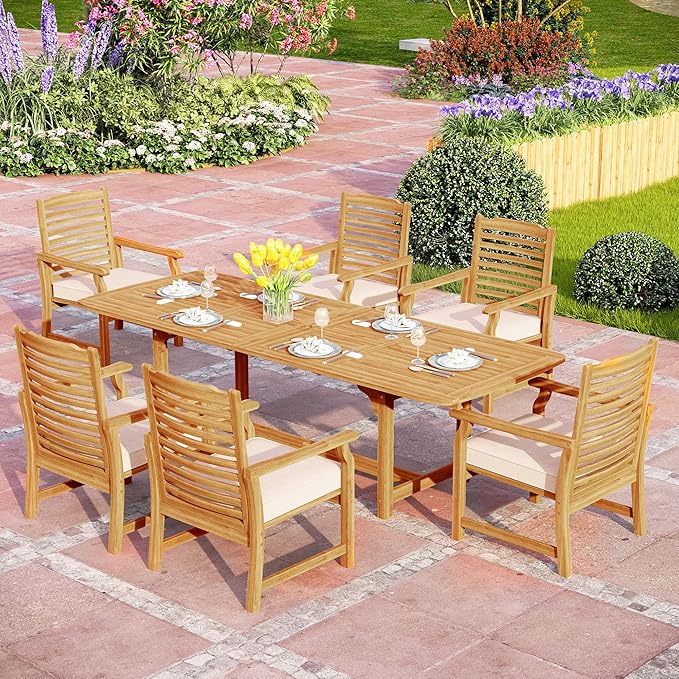9 Pieces Acacia Wood Patio Dining Set for 8, Expandable Teak Dining Table