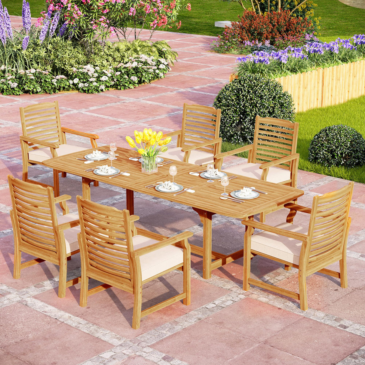 7 PCS Acacia Wood Outdoor Dining Set for 6, Expandable Teak Wooden Table & Chairs
