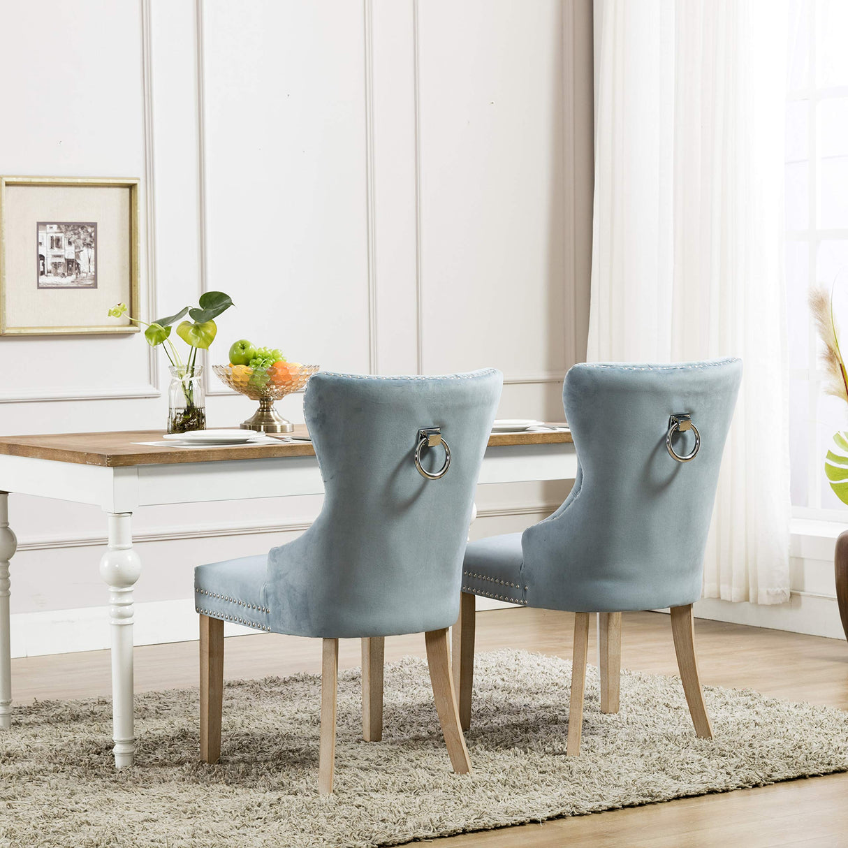 Blue Velvet Upholstered Dining Chairs with Nailhead Trim - Set of 2