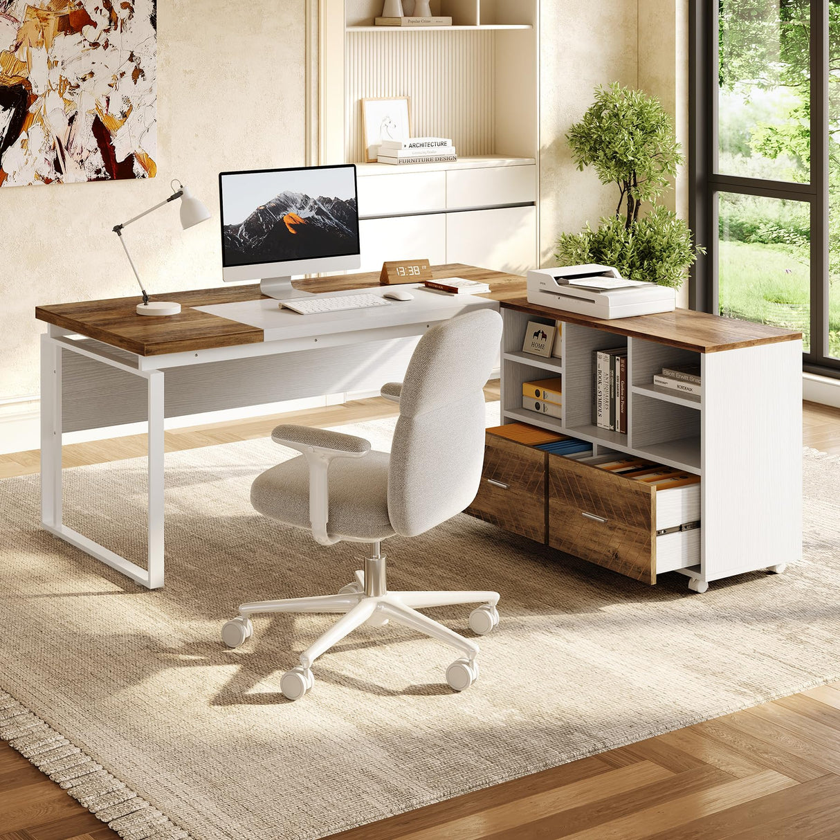 63" L-Shaped Executive Office Desk with Reversible File Cabinet, Large Modern