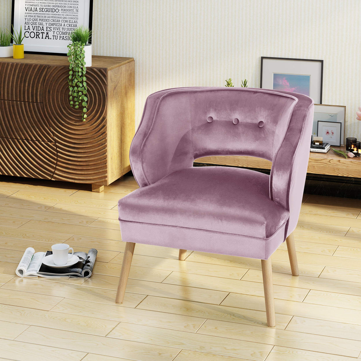 Mariposa Mid-Century Velvet Accent Chair, Light Lavender / Natural