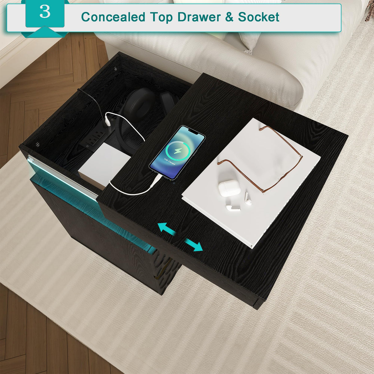 Black Led Nightstand with Charging Station, Night Stand with Drawers and Light