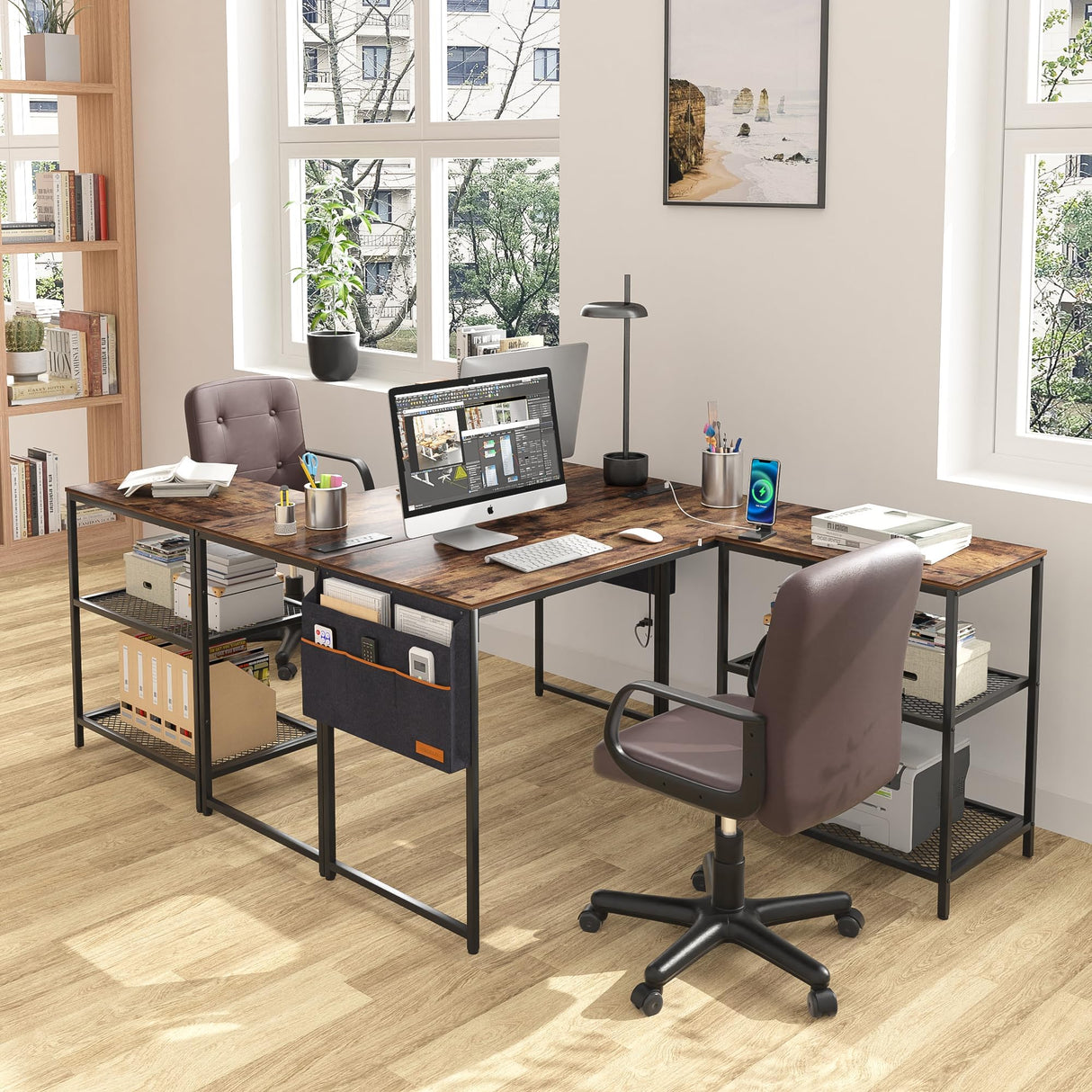 L Shaped Computer Gaming Corner Desk with Storage Bag and Shelf Home Office Table for Study Writing Room, Small Space Workstation, Rustic Brown