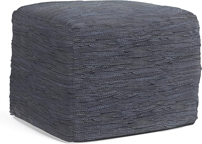 Fredrik Boho Square Pouf in Black Woven Genuine Leather for the Living Room, Bedroom