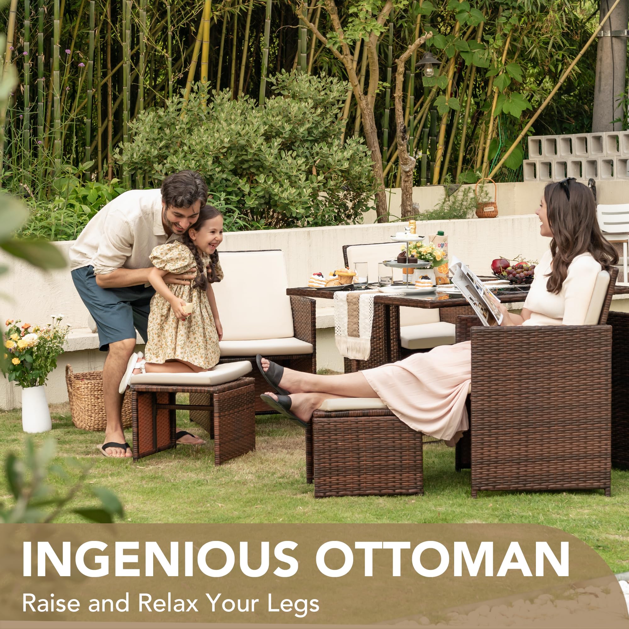 Outdoor Space Saving Rattan Chairs with Glass Table Patio