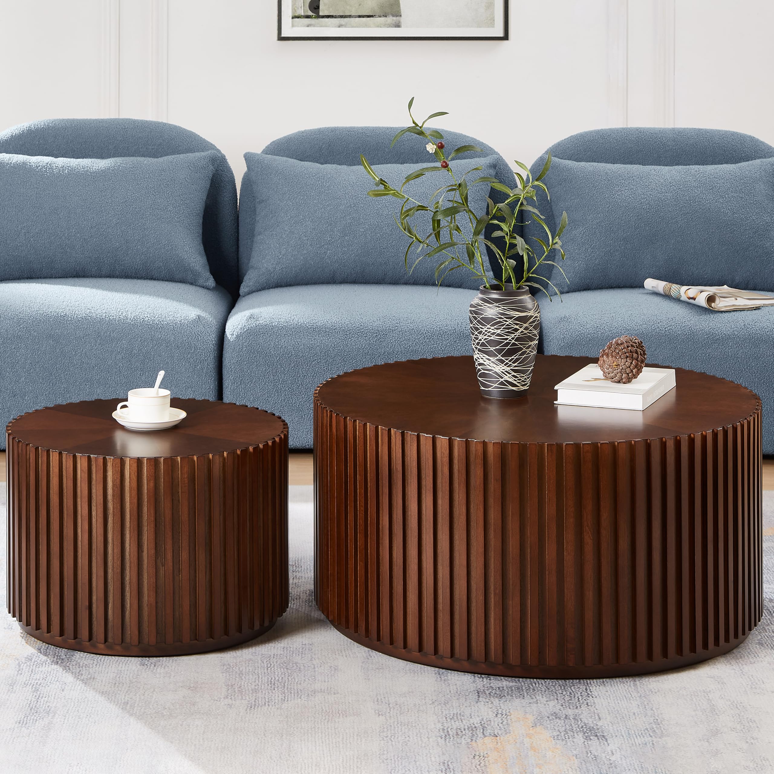 Round Wood Coffee Table Set of 2, Handcraft Drum Side Table End Table for Living Room
