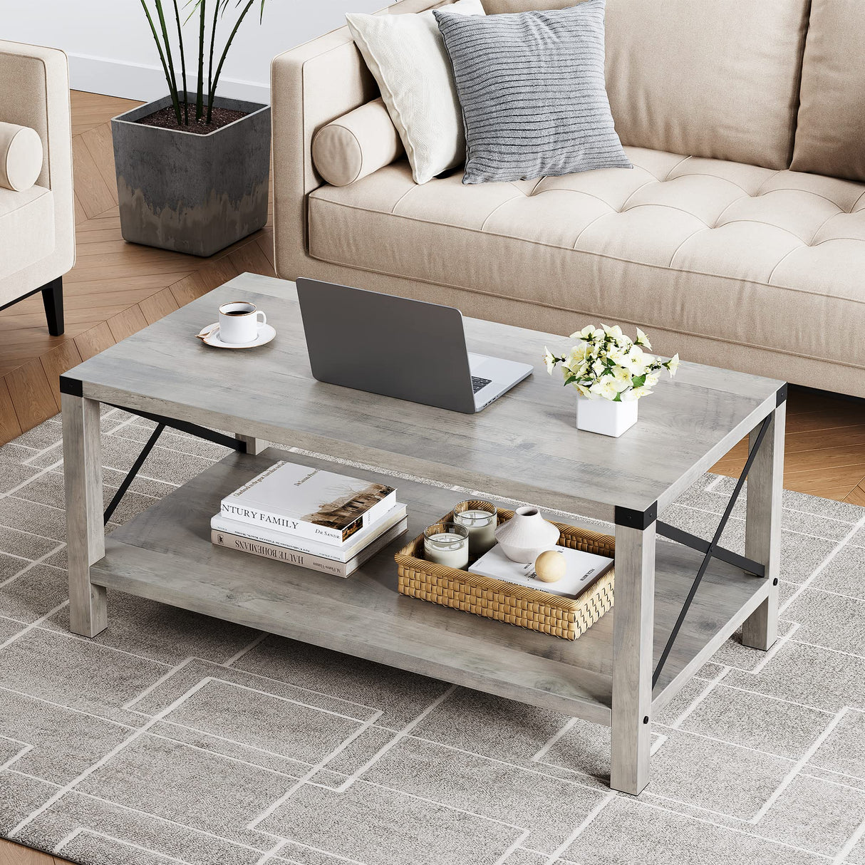 Rectangle Coffee Table 2-Tier Farmhouse Coffee Table