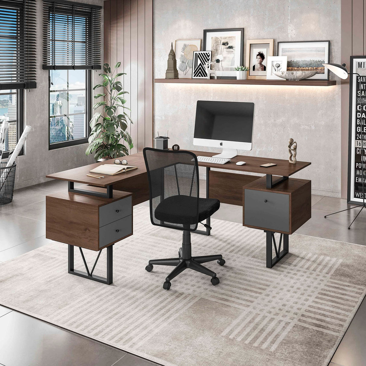 Reversible L Shaped Desk with File Cabinet and Drawers 59” W – Modern Versatile L Shaped Office Desk with Drawers and File Cabinet - Brown