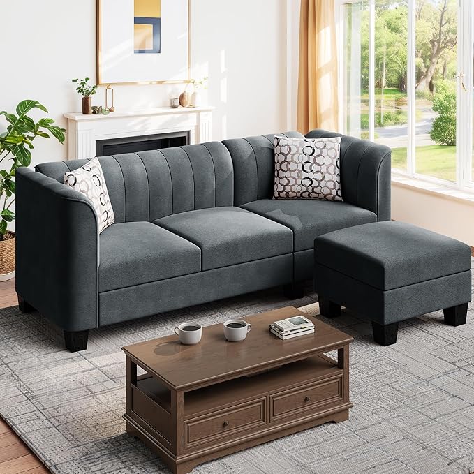 Upgraded Convertible Sectional Sofa Couch, 3 Seat L Shaped Sofa with High Armrest Linen Fabric Small