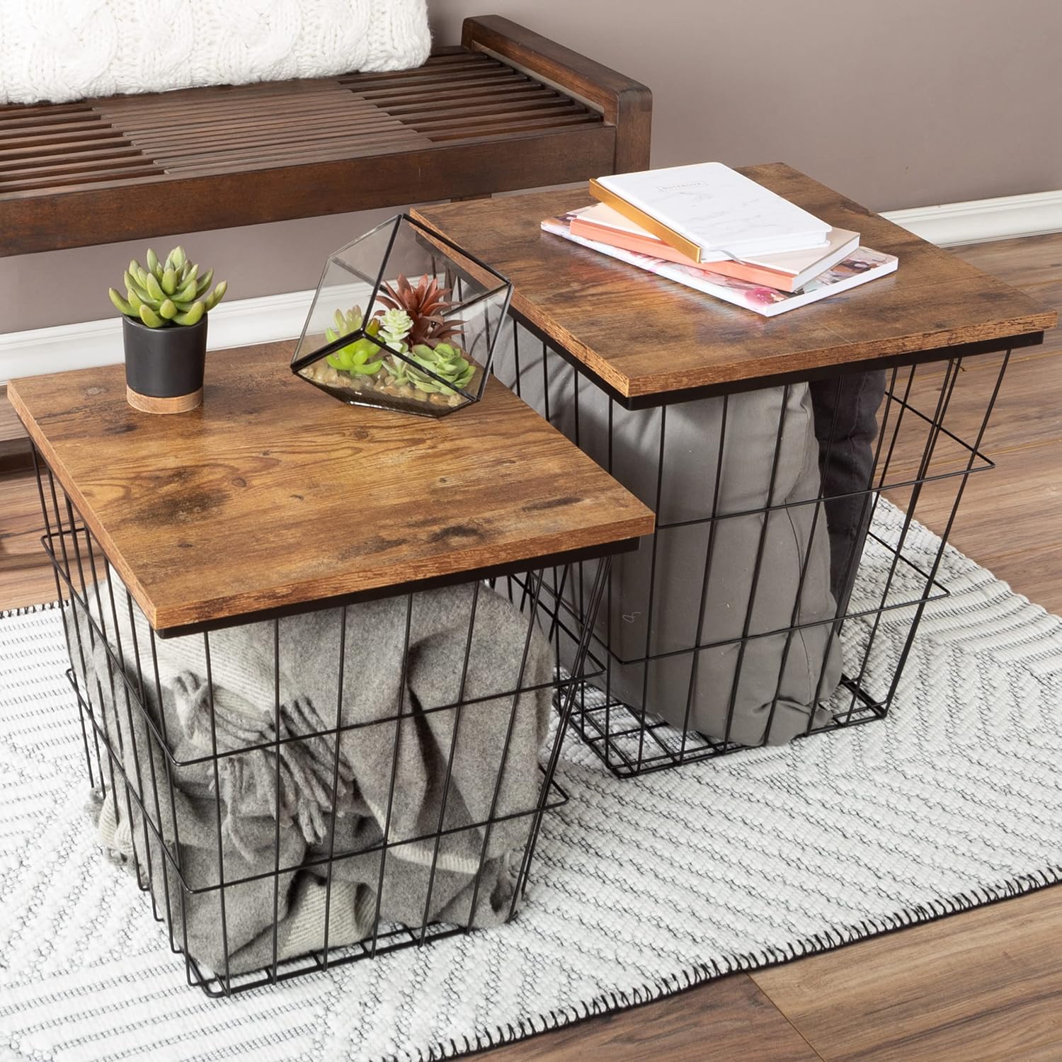 End Storage – Nesting Wire Basket Base and Wood Tops