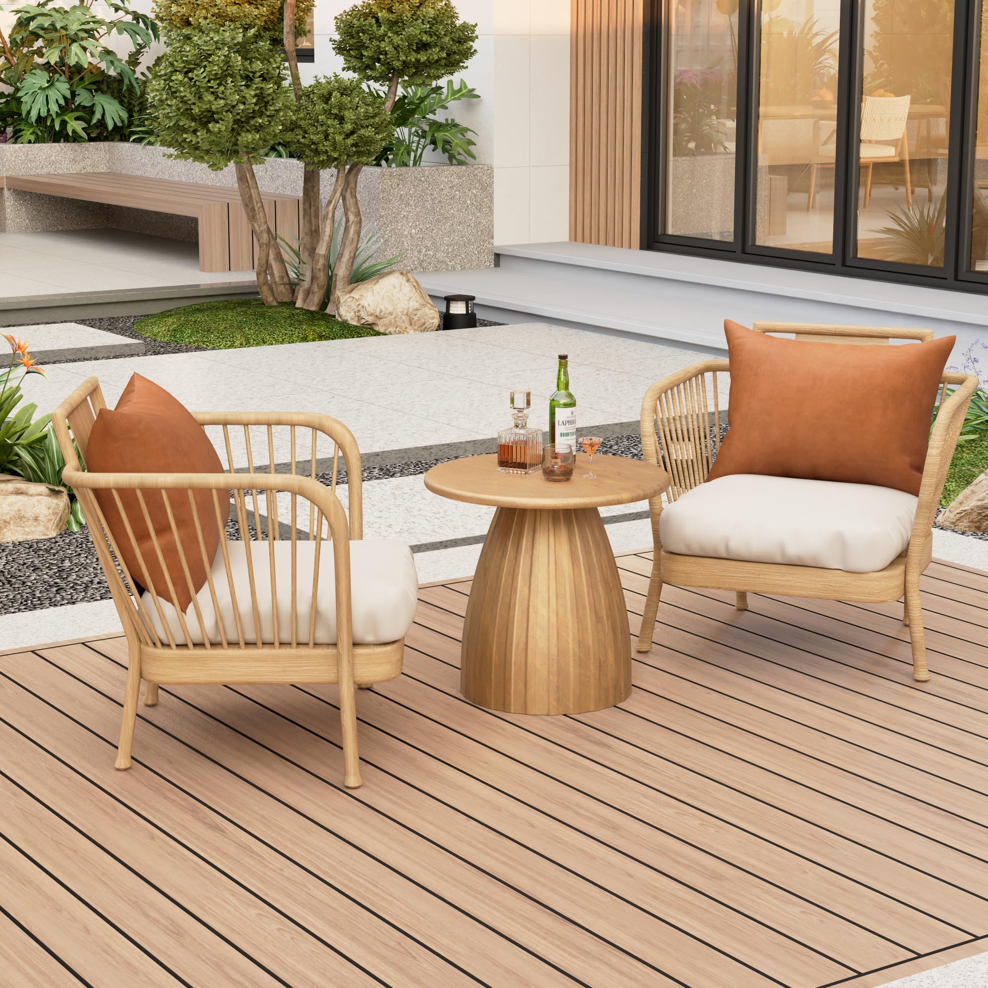 Metal Small Patio Table, Round Outdoor Side Table, Wood Color Outdoor Accent