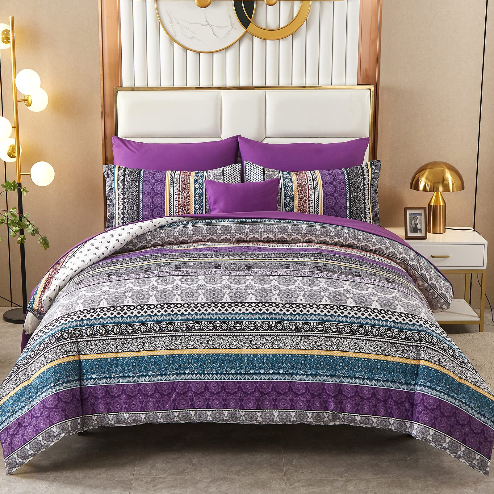 Set King Size 8 Piece Bed in a Bag Bohemian Striped Bedding Quilt Set