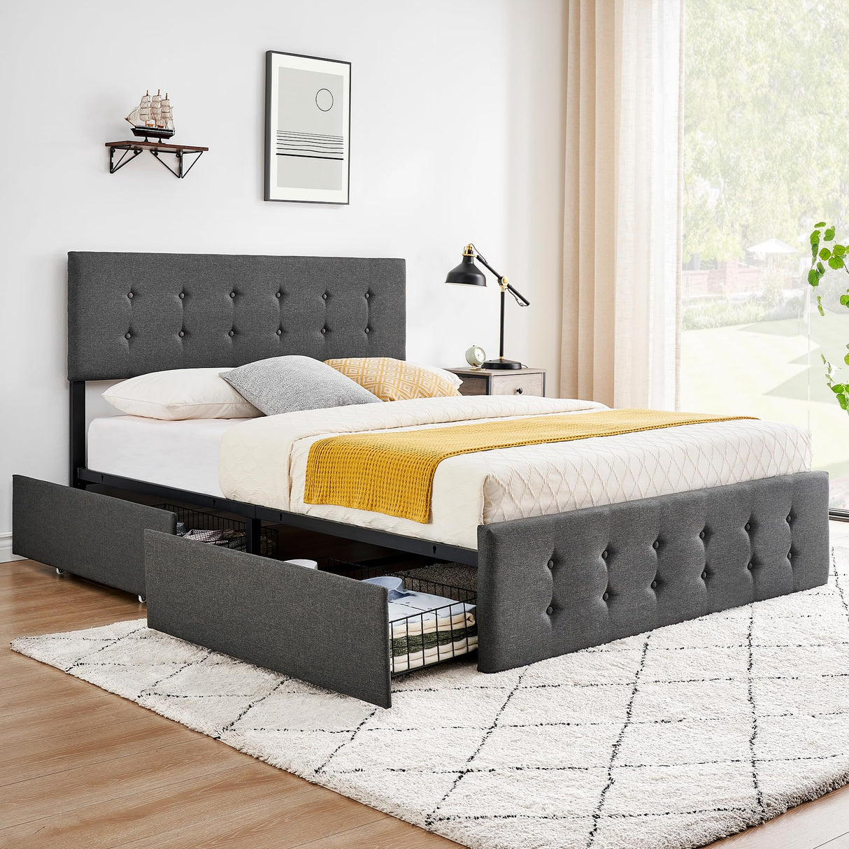 Queen Bed Frame with 4 Storage Drawers, Grey Tufted Design
