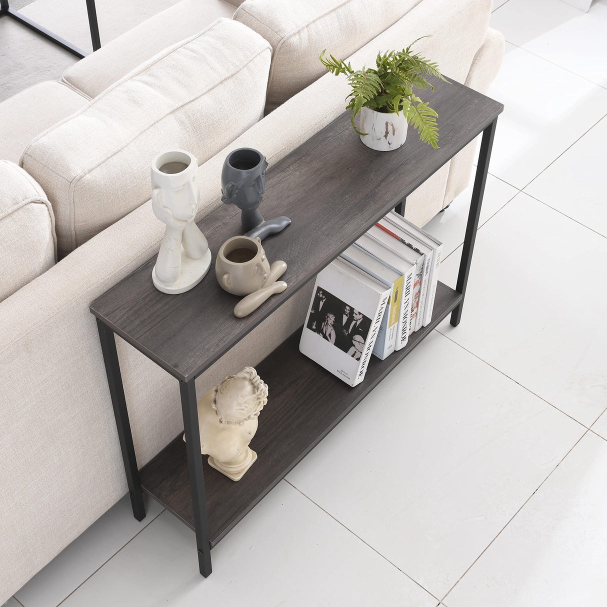 Modern Industrial Sofa Console Table for Living Room, Office (Dark Grey, Double Layer)