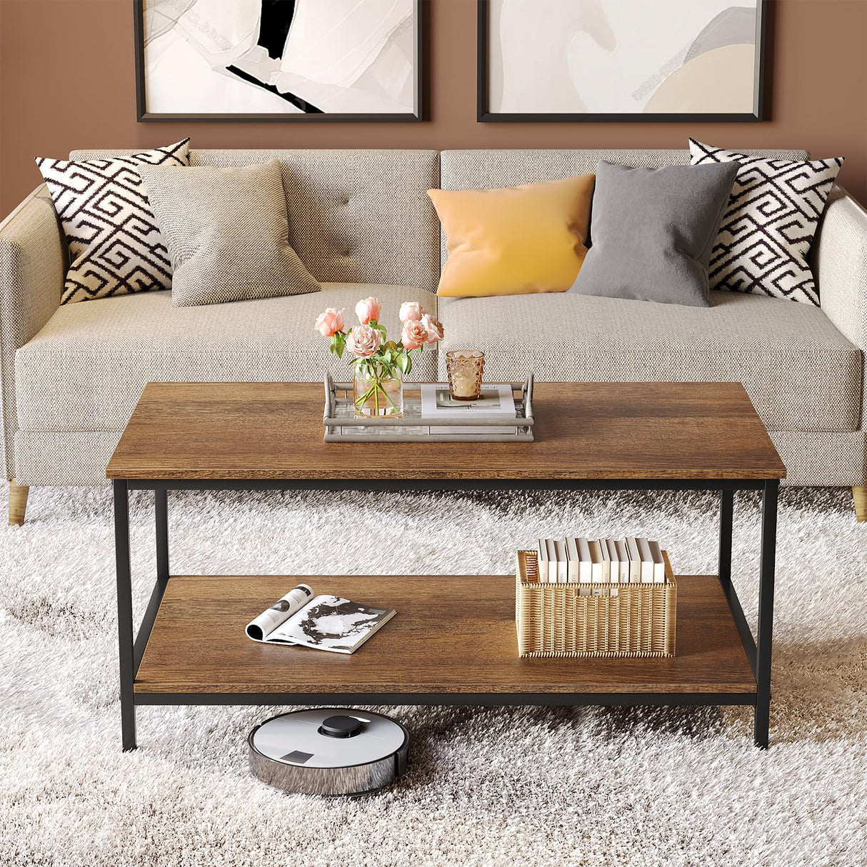 Coffee Table with Storage 2-Tier Industrial Center Table for Living Room