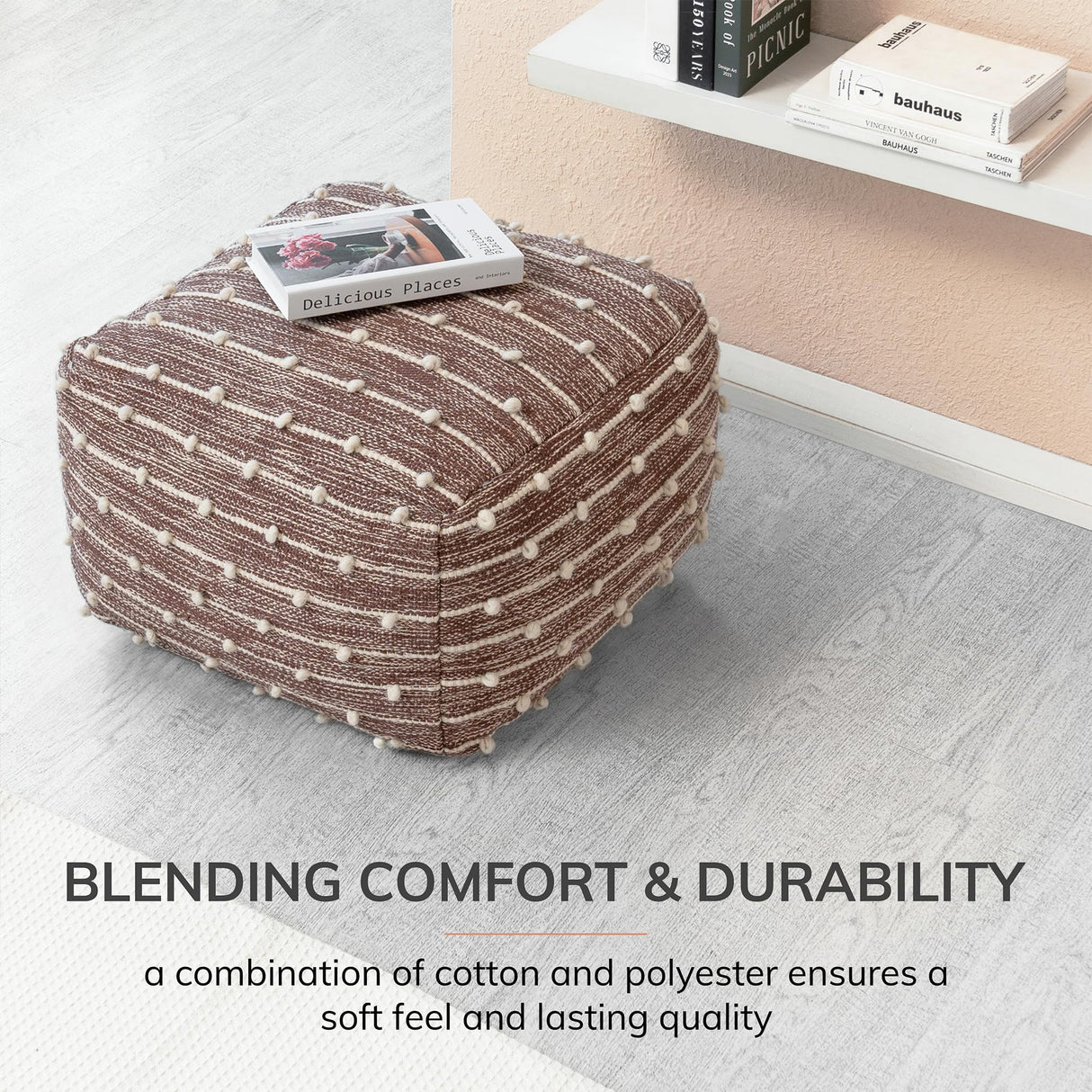 Anji Mountain 100% Handmade & Handcrafted Comfortable Home Décor Pouf Ottoman Footrest for Living Room, Bedroom, Nursery, Kidsroom, Patio Furniture - (22" x 22" x 16"- Red,Ivory)