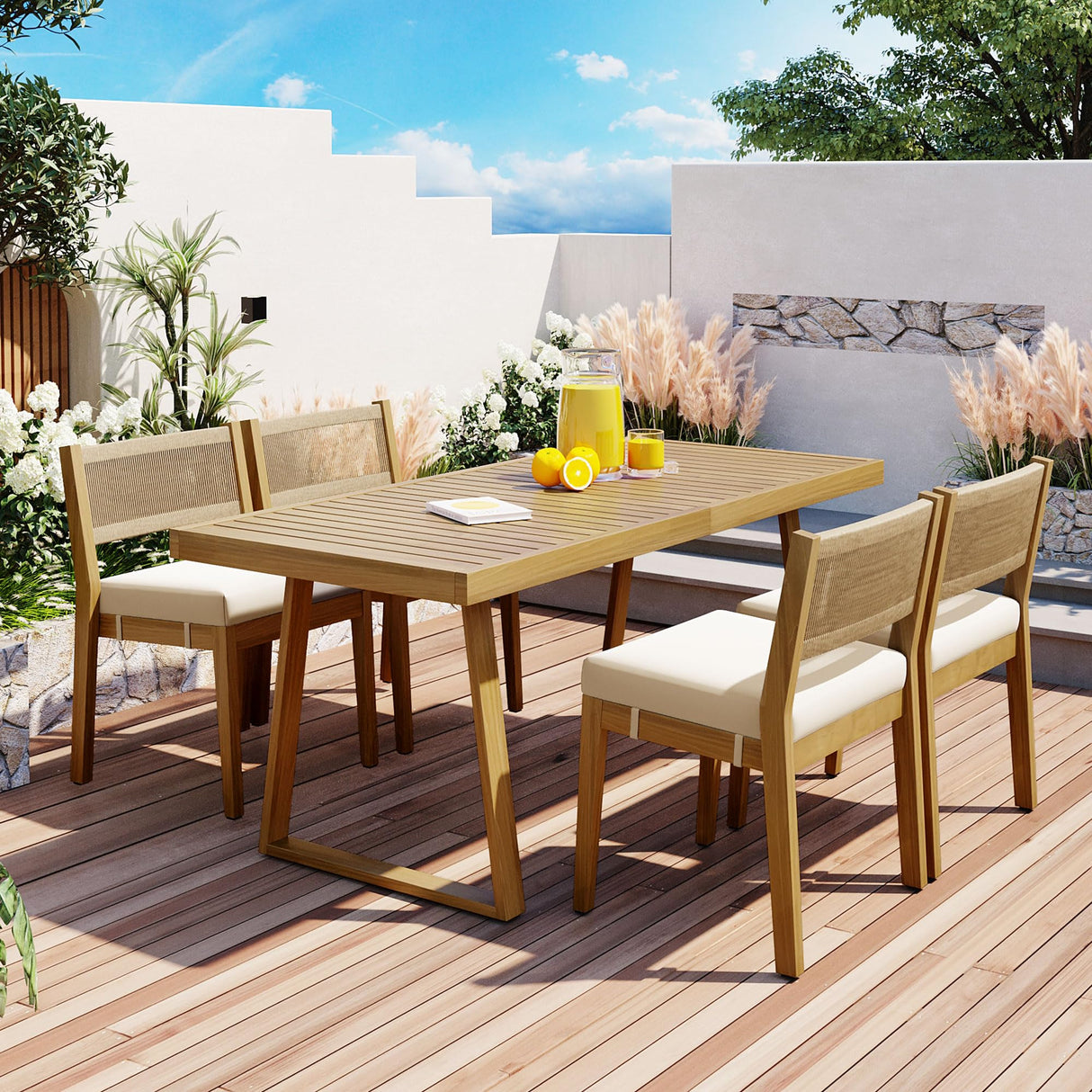 Wood Outdoor Dining Table Set for 4,All Weather Patio Chairs with Soft Cushions and Jute Rope Knitted Back