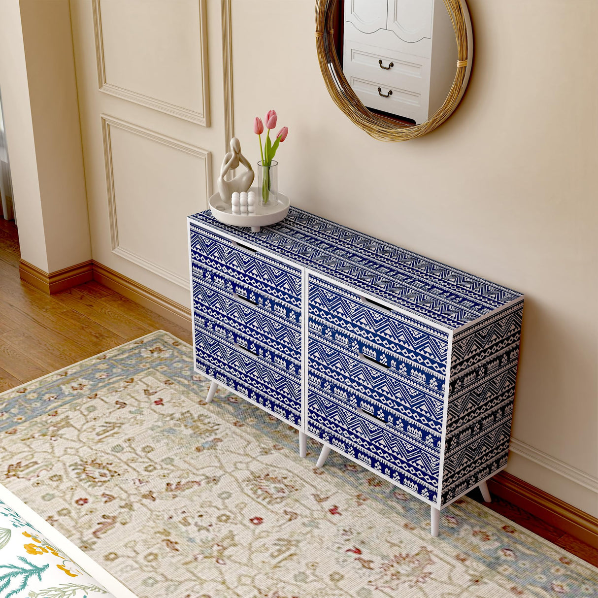 Boho Nightstand Set of 2,Blue Night Stand with 3 Drawer,Bohemian Nightstand Bedside