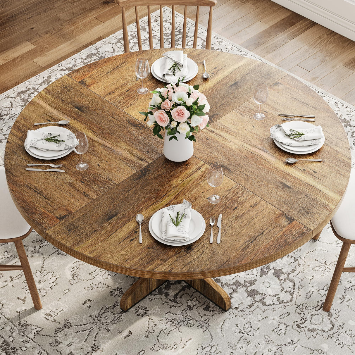 Round Dining Table for 4, 47 Inches Circle Dining Room Table with Wooden Base for Kitchen