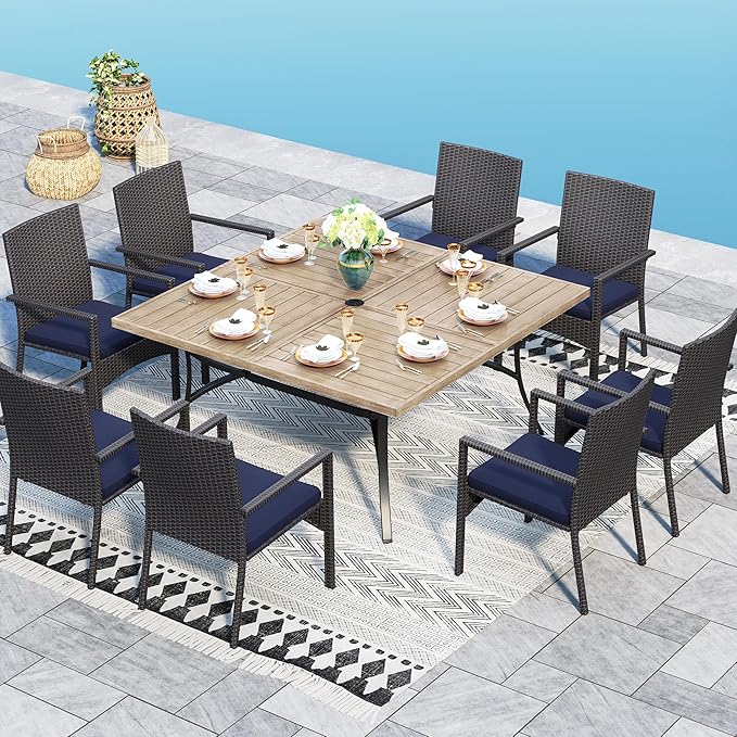 9 Pieces Patio Dining Set for 8, All Weather Square Outdoor Table with Umbrella Hole