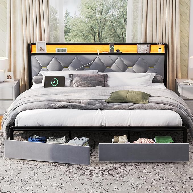 King Size Bed Frame with Headboard and Storage Drawers