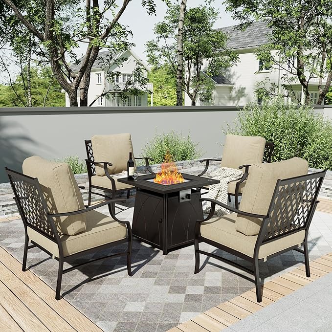 5 Pieces Fire Pit Patio Furniture Set, 4 x Thick Cushioned Swivel Chairs with 28" Fire Pit Table (50,000 BTU)