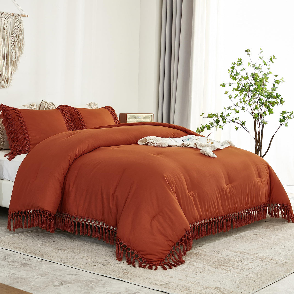 Queen Comforter Set Burnt Orange, 3 Pieces Boho Terracotta Lightweight Fall Bedding