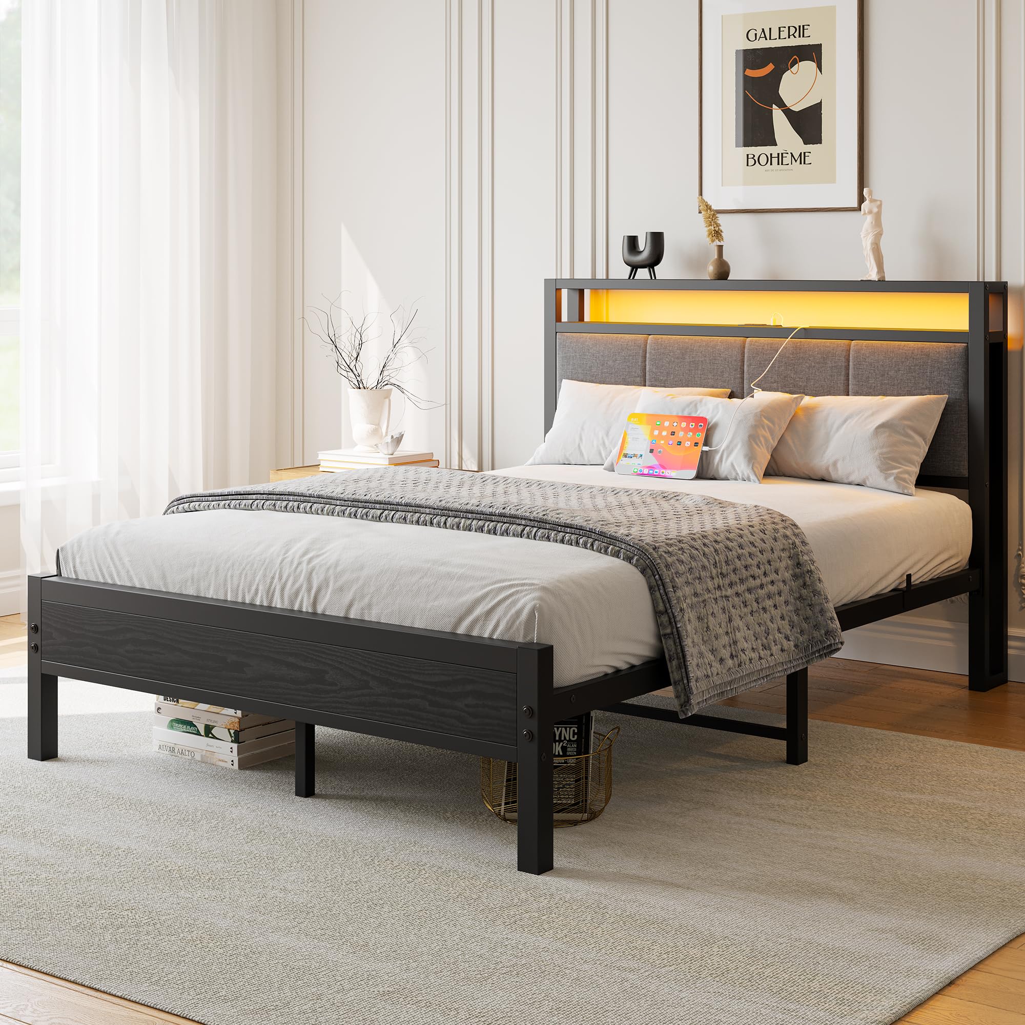 with LED Lights and Charging Station, Heavy Duty Metal Bed with Storage Fabric Headboard