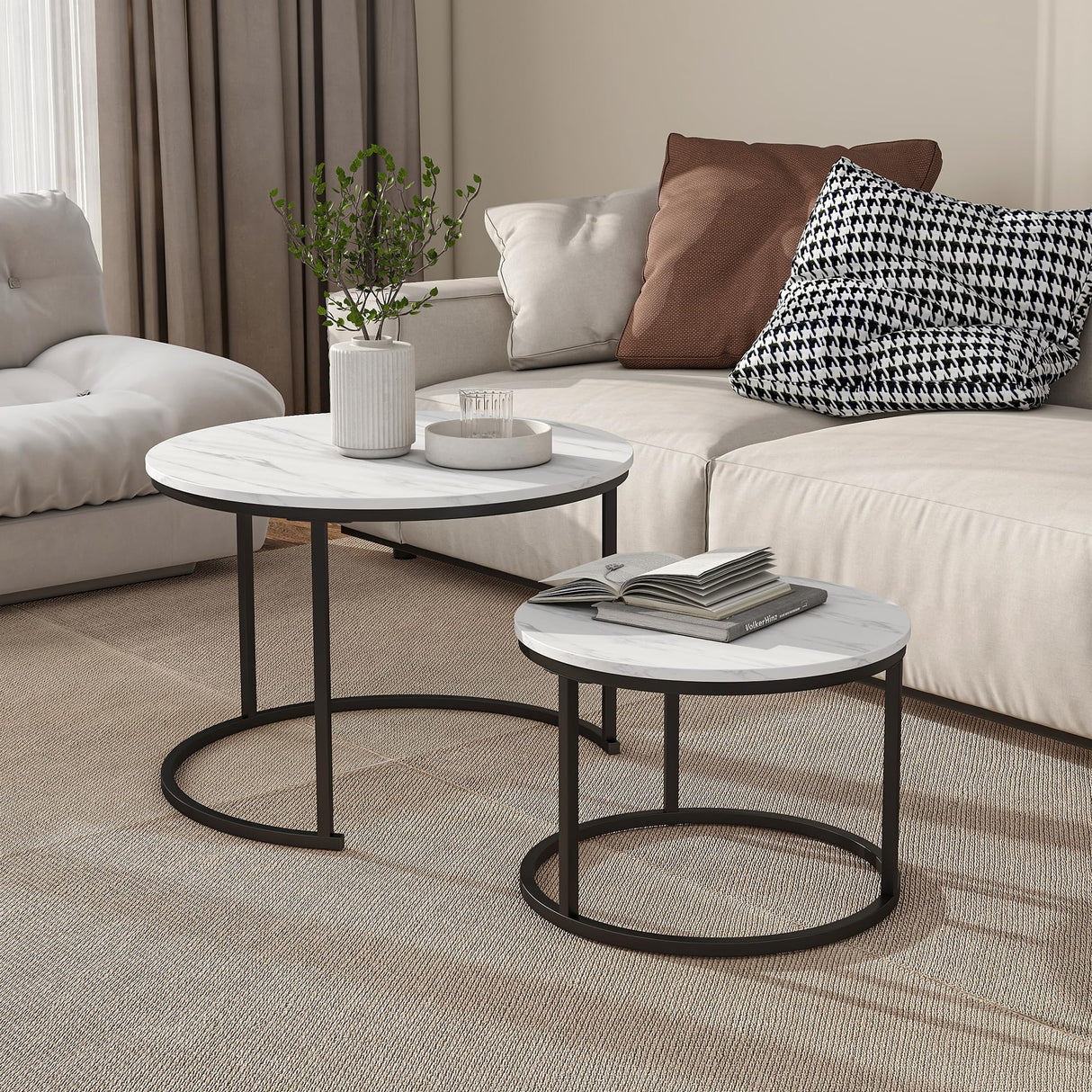 Industrial Round Coffee Table Set of 2 End Table for Living Room