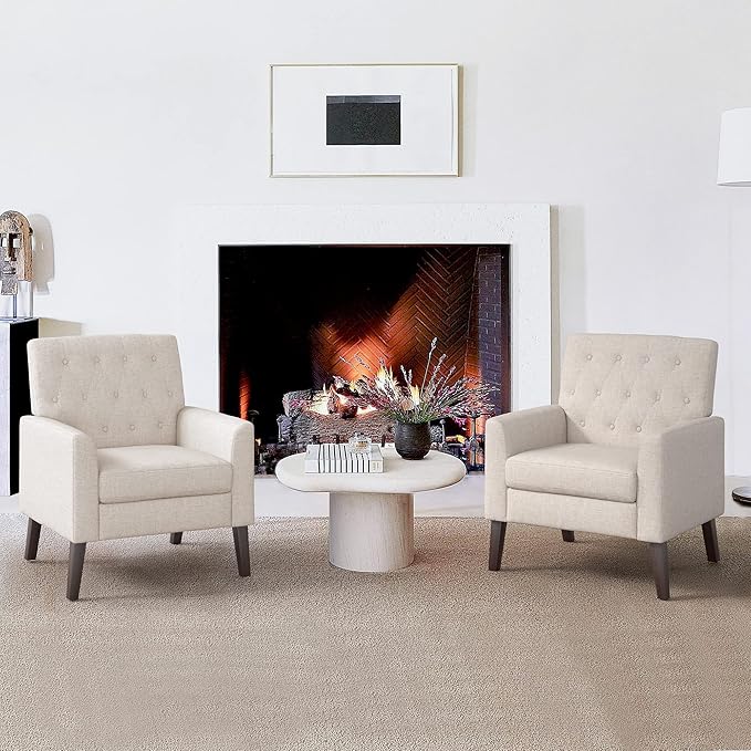 Linen Color Linen Accent Chair 18.5" H, Button Tufted Upholstered Modern Armchair