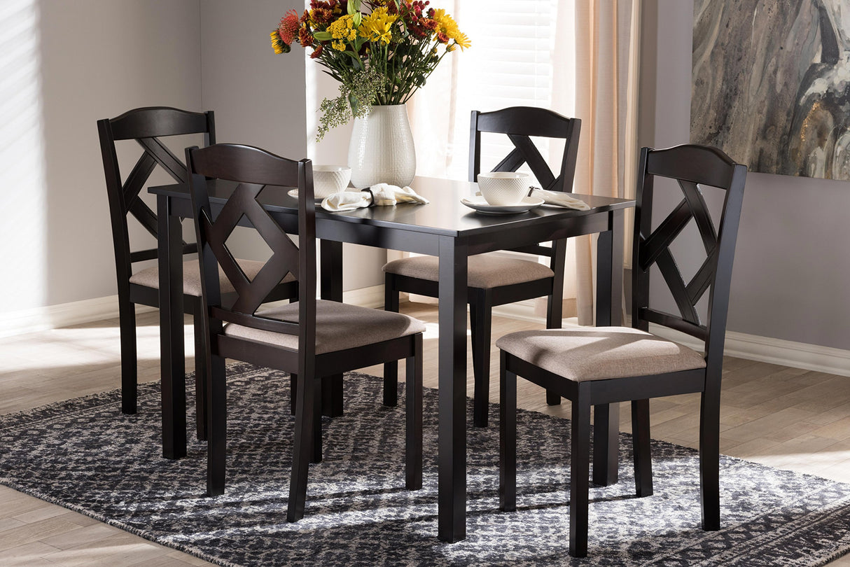 Ruth Dining Set and Dining Set Beige Fabric Upholstered and Dark Brown Finished 5-Piece