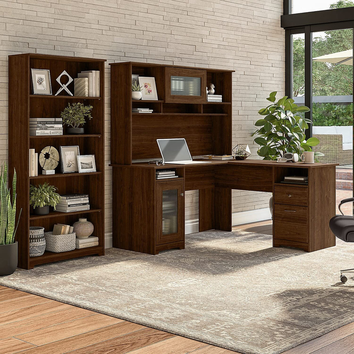 Furniture Cabot 60W L Shaped Computer Desk with Hutch and 5 Shelf Bookcase in Modern