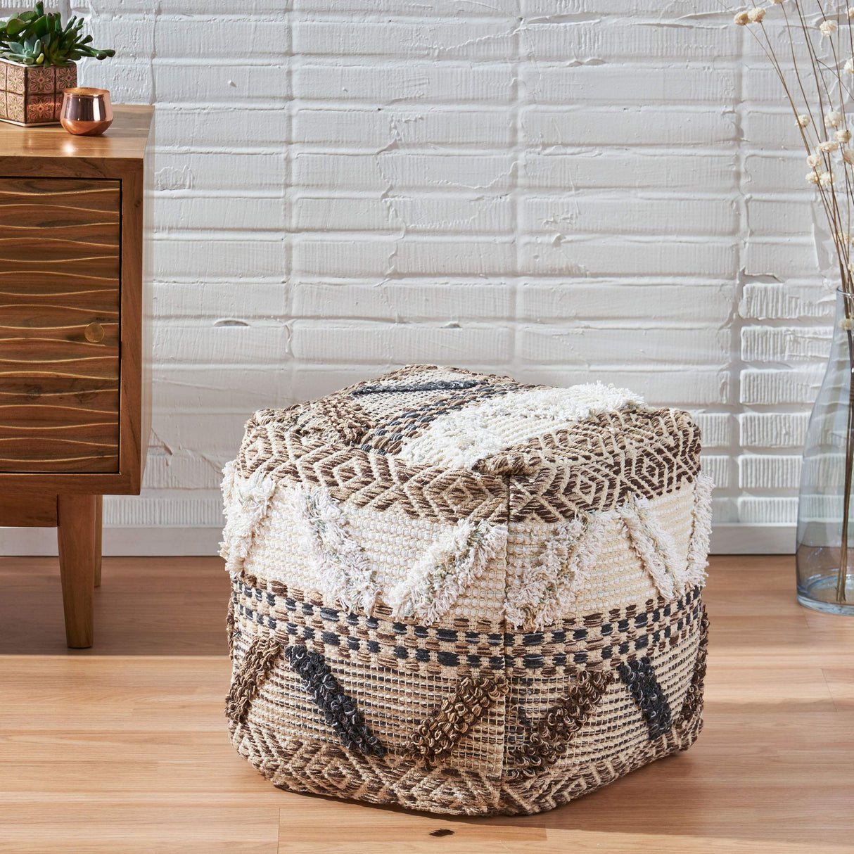Elizabeth Boho Fabric Cube Pouf, Multicolor