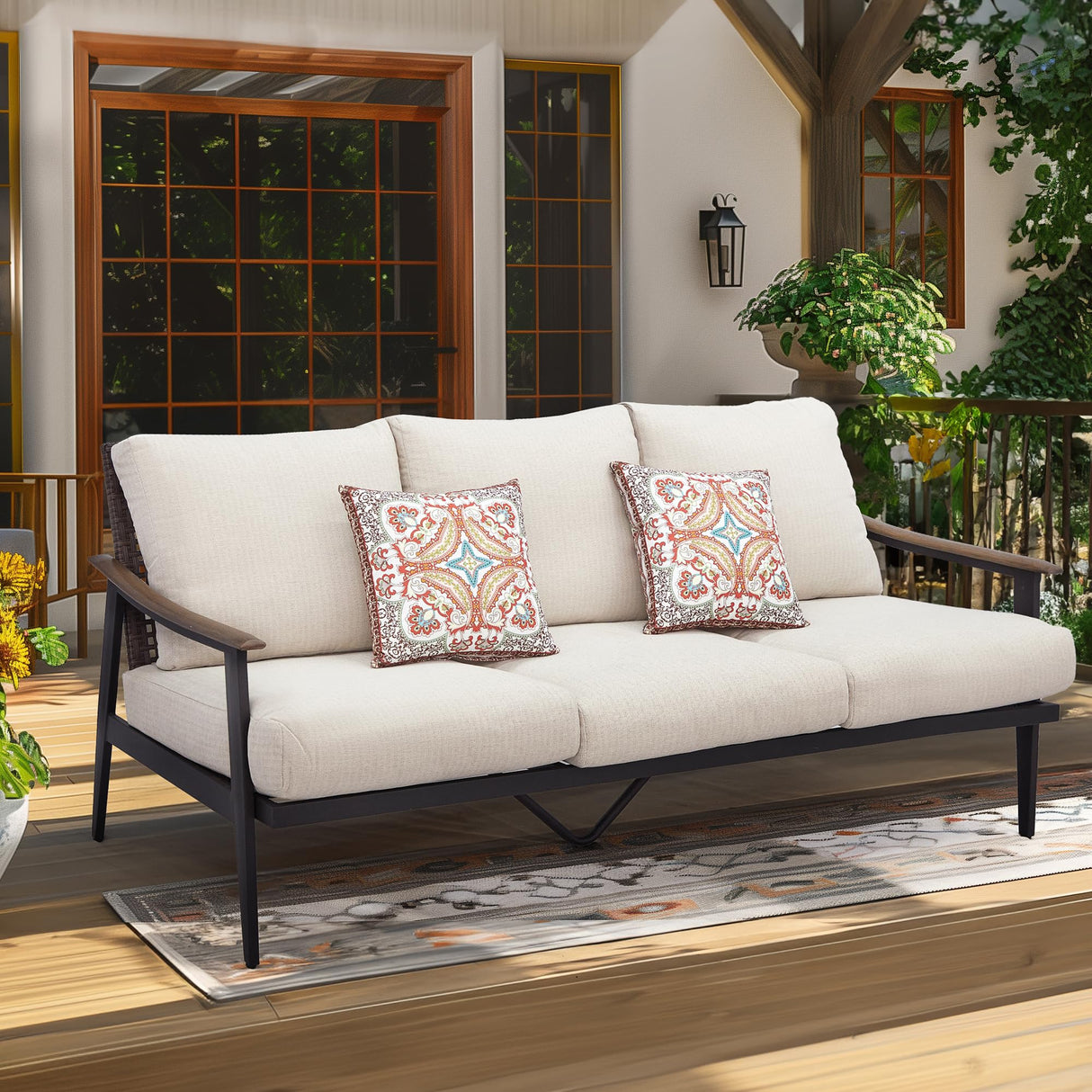 Patio 3 Seats Sofa Outdoor Loveseat, Patio Furniture Metal Outdoor Sofa