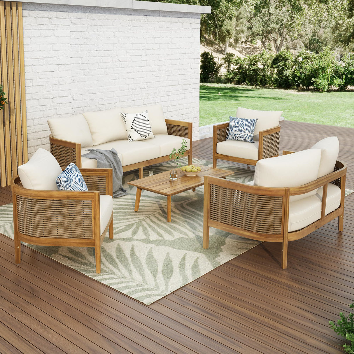 5-Piece Outdoor Acacia Wood Wicker Conversation Set with 3 Seater Sofa