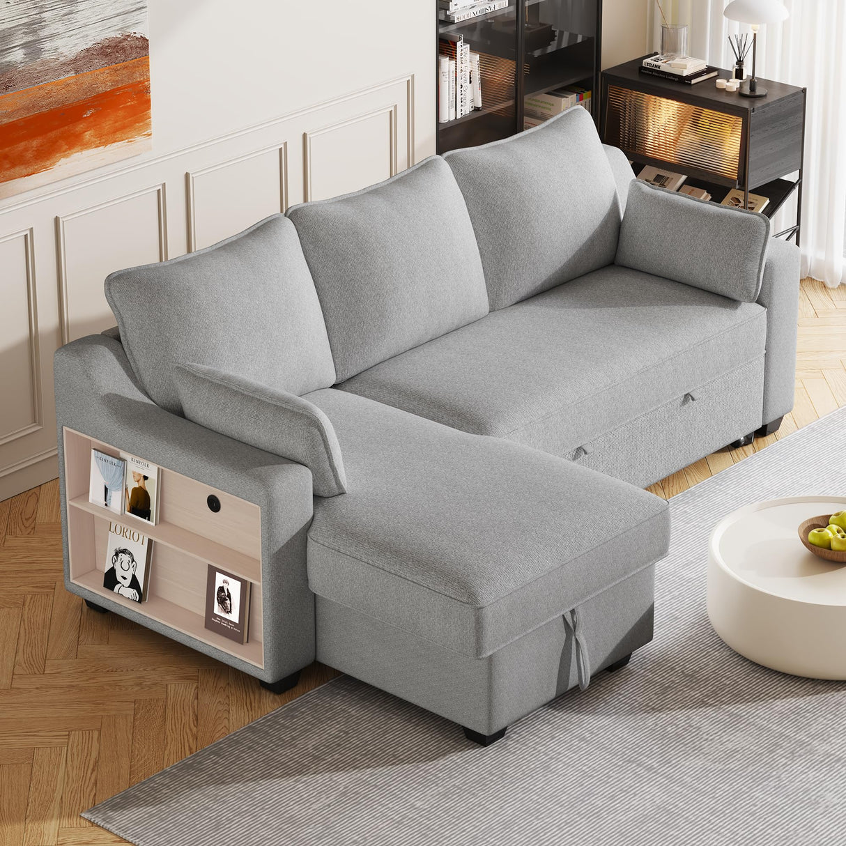Shape Reversible Sleeper Sectional Couch Pull Out Sofa Bed w/Storage Chaise
