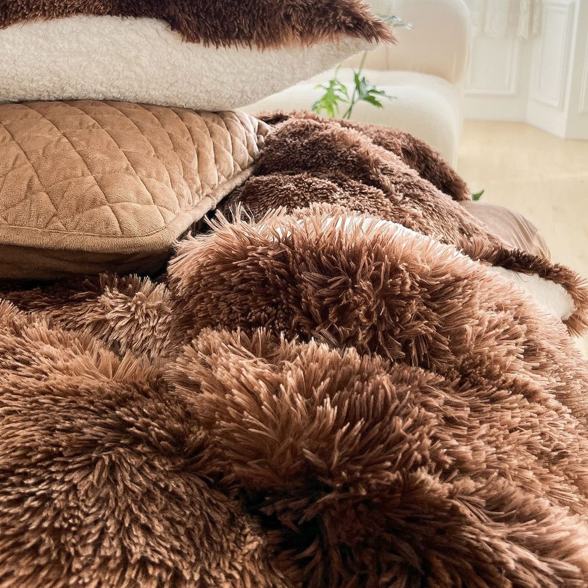 Fur Shaggy Fluffy Comforter Set Twin Size Mixed Coffee Brwon and White Long Hair, 3